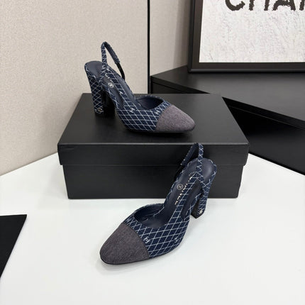 CC SLINGBACK 25S 90 MM IN NAVY BLUE DENIM WITH PLAID PATTERN