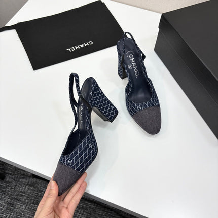 CC SLINGBACK 25S 90 MM IN NAVY BLUE DENIM WITH PLAID PATTERN