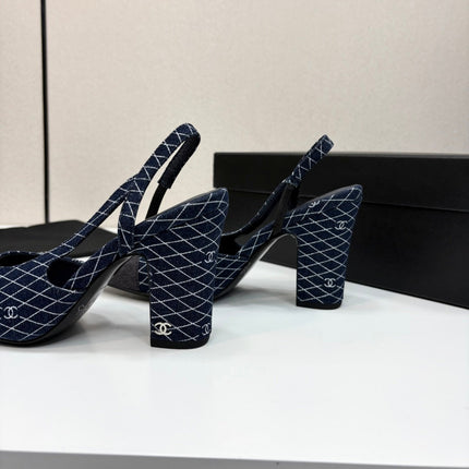 CC SLINGBACK 25S 90 MM IN NAVY BLUE DENIM WITH PLAID PATTERN