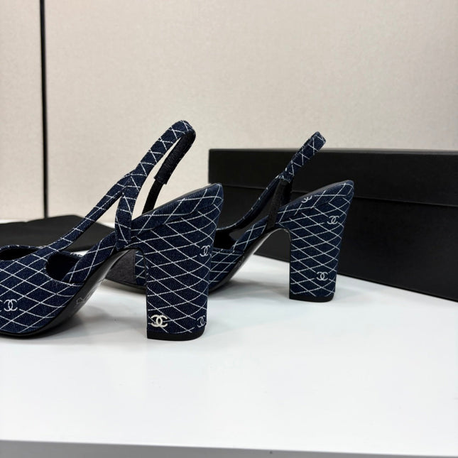 CC SLINGBACK 25S 90 MM IN NAVY BLUE DENIM WITH PLAID PATTERN