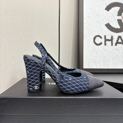 CC SLINGBACK 25S 90 MM IN NAVY BLUE DENIM WITH PLAID PATTERN