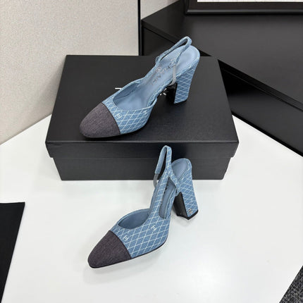 CC SLINGBACK 25S 90 MM IN BLUE DENIM WITH PLAID PATTERN