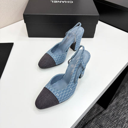 CC SLINGBACK 25S 90 MM IN BLUE DENIM WITH PLAID PATTERN