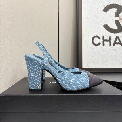 CC SLINGBACK 25S 90 MM IN BLUE DENIM WITH PLAID PATTERN