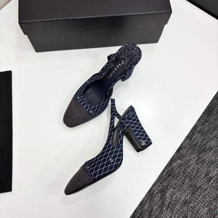 CC SLINGBACK 25S 90 MM IN NAVY BLUE DENIM WITH PLAID PATTERN