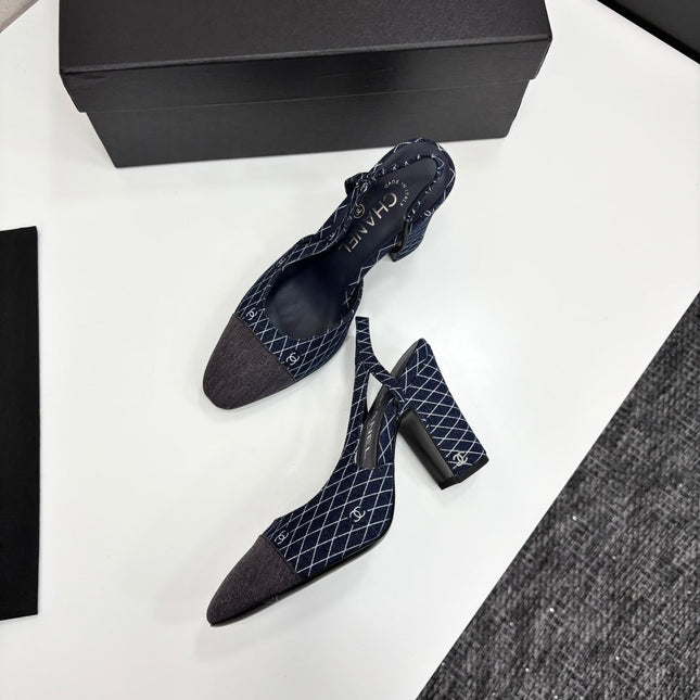 CC SLINGBACK 25S 90 MM IN NAVY BLUE DENIM WITH PLAID PATTERN
