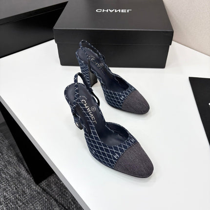 CC SLINGBACK 25S 90 MM IN NAVY BLUE DENIM WITH PLAID PATTERN