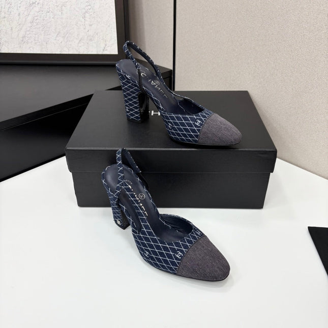 CC SLINGBACK 25S 90 MM IN NAVY BLUE DENIM WITH PLAID PATTERN