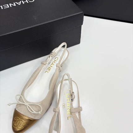 CC SLINGBACK 25S IN DUSTY BEIGE SUEDE AND GOLDEN BROWN LAMBSKIN WITH BOW