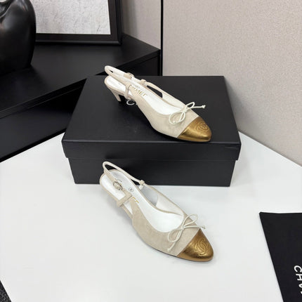 CC SLINGBACK 25S IN DUSTY BEIGE SUEDE AND GOLDEN BROWN LAMBSKIN WITH BOW