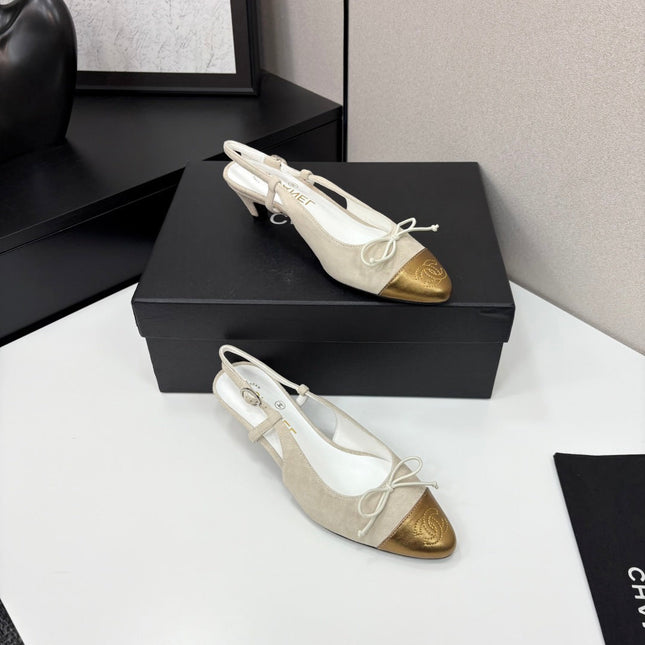 CC SLINGBACK 25S IN DUSTY BEIGE SUEDE AND GOLDEN BROWN LAMBSKIN WITH BOW