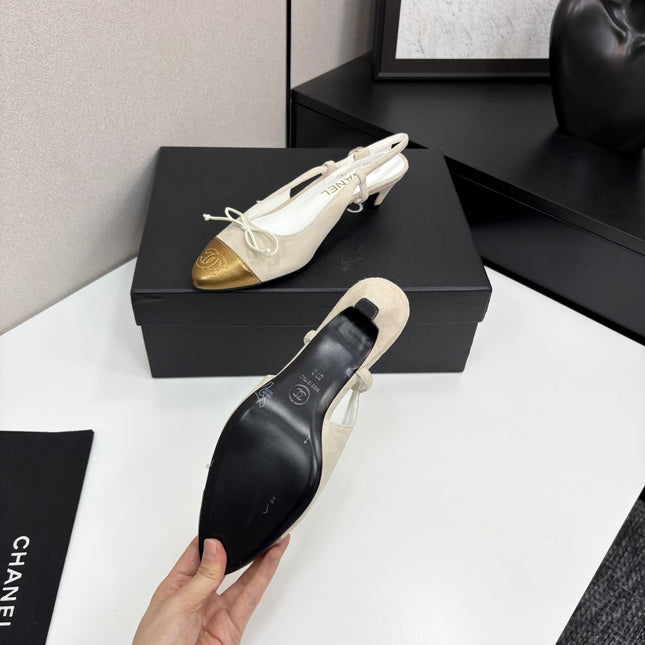 CC SLINGBACK 25S IN DUSTY BEIGE SUEDE AND GOLDEN BROWN LAMBSKIN WITH BOW