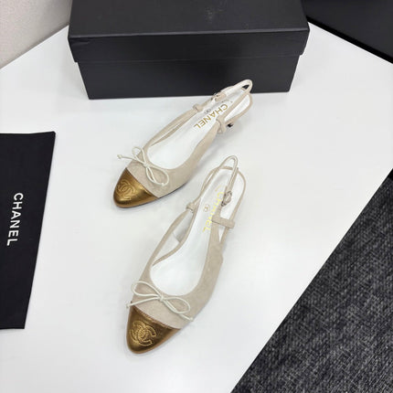 CC SLINGBACK 25S IN DUSTY BEIGE SUEDE AND GOLDEN BROWN LAMBSKIN WITH BOW