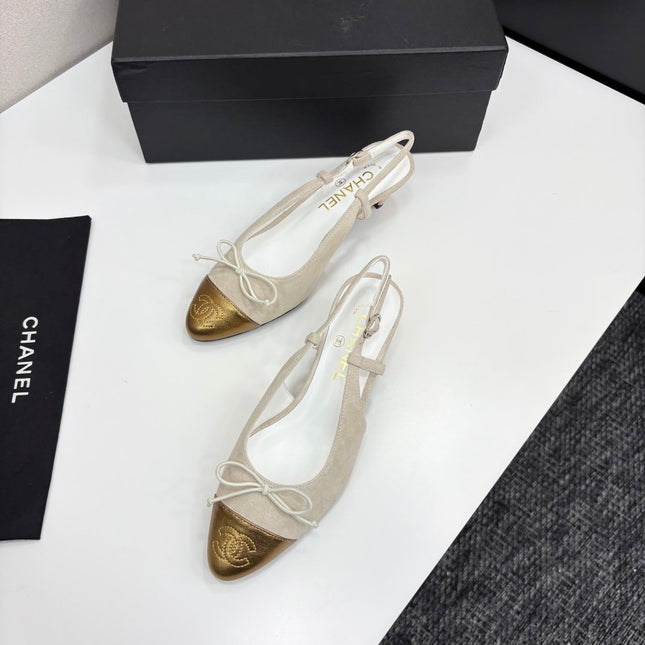 CC SLINGBACK 25S IN DUSTY BEIGE SUEDE AND GOLDEN BROWN LAMBSKIN WITH BOW