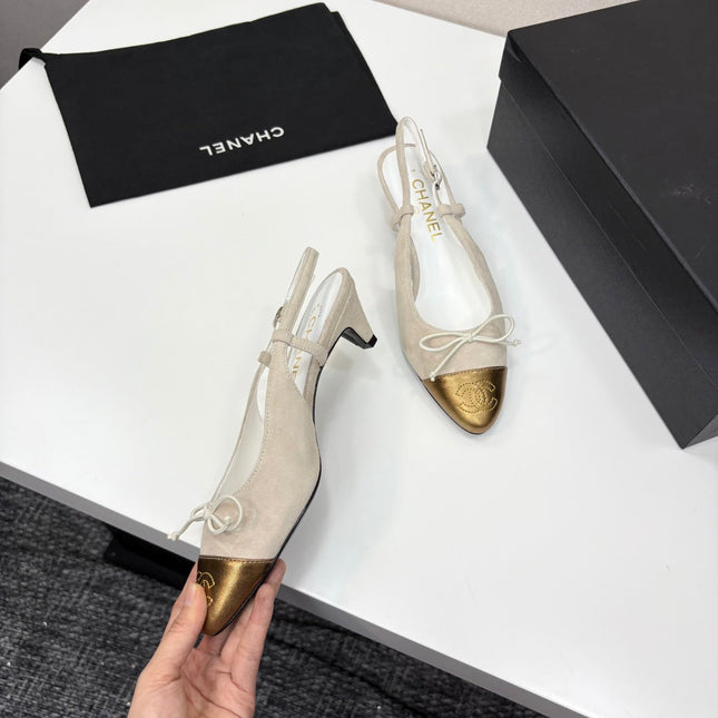 CC SLINGBACK 25S IN DUSTY BEIGE SUEDE AND GOLDEN BROWN LAMBSKIN WITH BOW