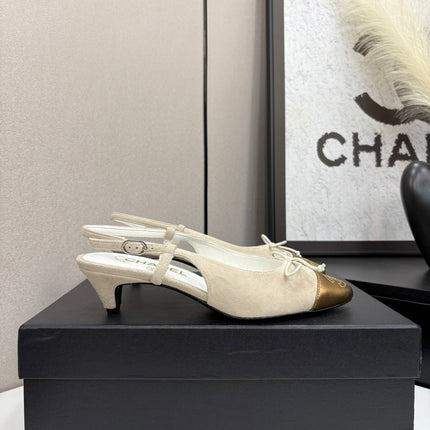 CC SLINGBACK 25S IN DUSTY BEIGE SUEDE AND GOLDEN BROWN LAMBSKIN WITH BOW