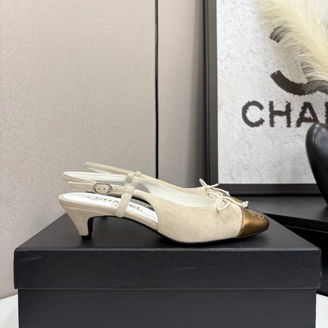 CC SLINGBACK 25S IN DUSTY BEIGE SUEDE AND GOLDEN BROWN LAMBSKIN WITH BOW