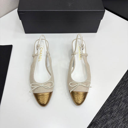 CC SLINGBACK 25S IN DUSTY BEIGE SUEDE AND GOLDEN BROWN LAMBSKIN WITH BOW