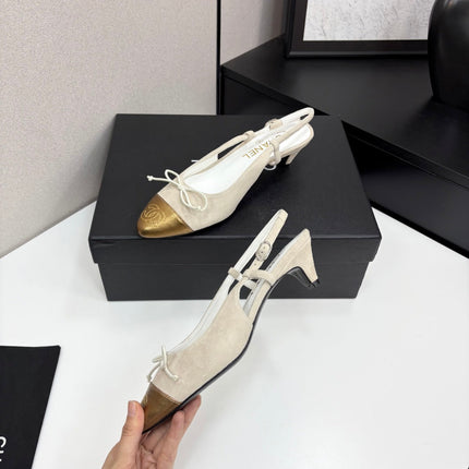 CC SLINGBACK 25S IN DUSTY BEIGE SUEDE AND GOLDEN BROWN LAMBSKIN WITH BOW