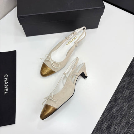 CC SLINGBACK 25S IN DUSTY BEIGE SUEDE AND GOLDEN BROWN LAMBSKIN WITH BOW