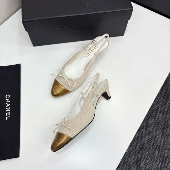 CC SLINGBACK 25S IN DUSTY BEIGE SUEDE AND GOLDEN BROWN LAMBSKIN WITH BOW