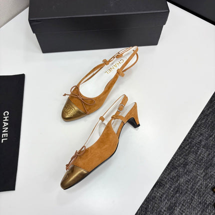 CC SLINGBACK 25S IN BURNT ORANGE SUEDE AND GOLDEN BROWN LAMBSKIN WITH BOW