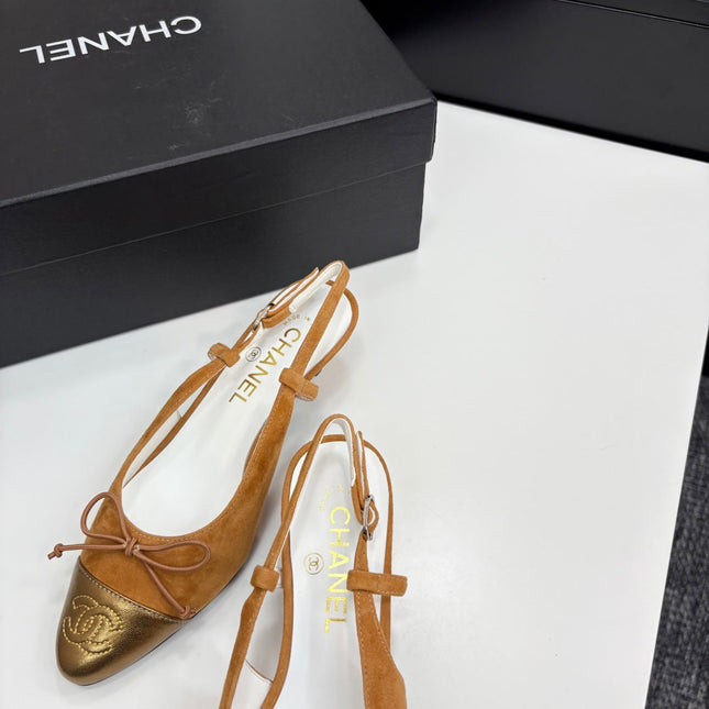 CC SLINGBACK 25S IN BURNT ORANGE SUEDE AND GOLDEN BROWN LAMBSKIN WITH BOW