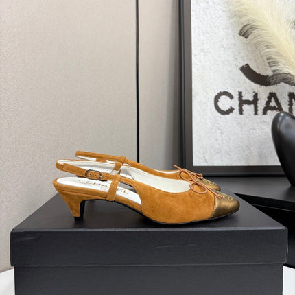 CC SLINGBACK 25S IN BURNT ORANGE SUEDE AND GOLDEN BROWN LAMBSKIN WITH BOW