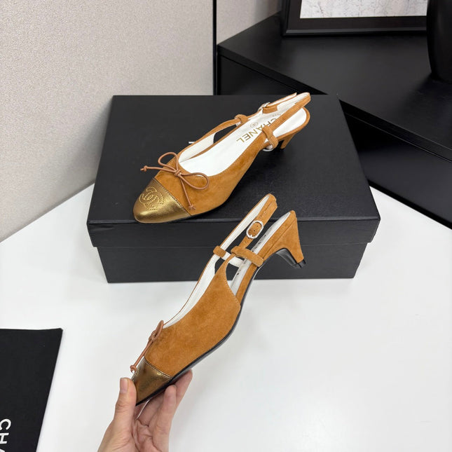 CC SLINGBACK 25S IN BURNT ORANGE SUEDE AND GOLDEN BROWN LAMBSKIN WITH BOW