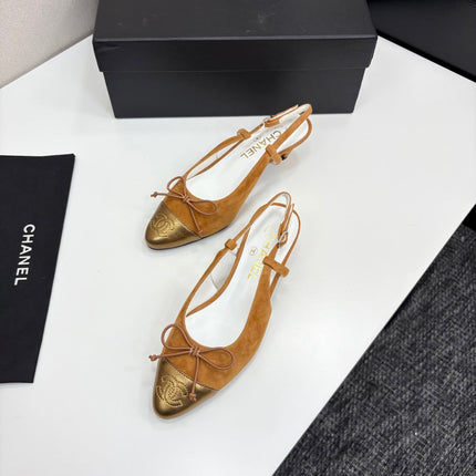 CC SLINGBACK 25S IN BURNT ORANGE SUEDE AND GOLDEN BROWN LAMBSKIN WITH BOW