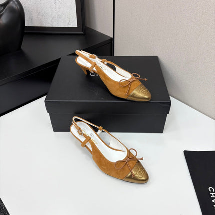 CC SLINGBACK 25S IN BURNT ORANGE SUEDE AND GOLDEN BROWN LAMBSKIN WITH BOW