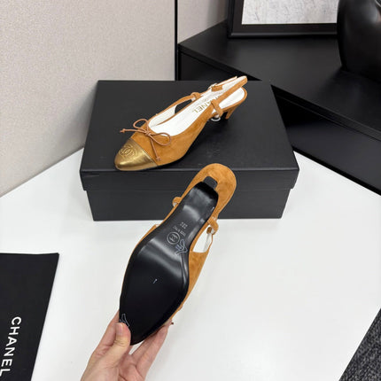 CC SLINGBACK 25S IN BURNT ORANGE SUEDE AND GOLDEN BROWN LAMBSKIN WITH BOW