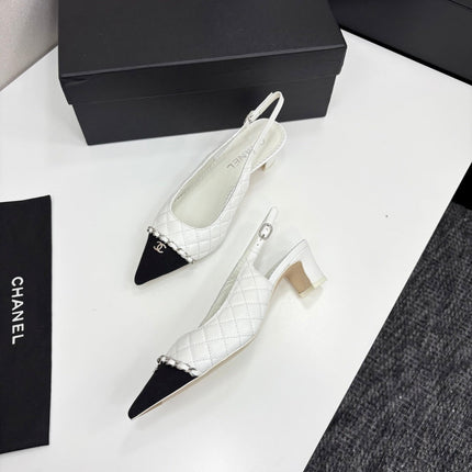 CC SLINGBACK 25S 30 MM IN WHITE LAMBSKIN MIX BLACK FABRIC