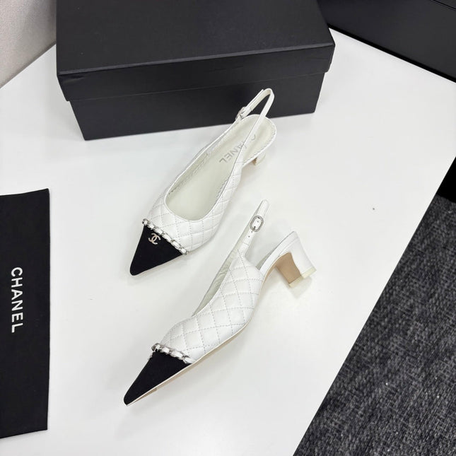 CC SLINGBACK 25S 30 MM IN WHITE LAMBSKIN MIX BLACK FABRIC