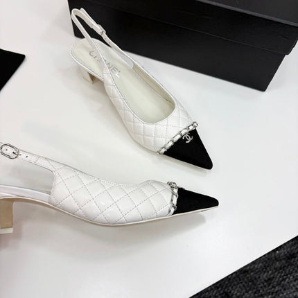 CC SLINGBACK 25S 30 MM IN WHITE LAMBSKIN MIX BLACK FABRIC