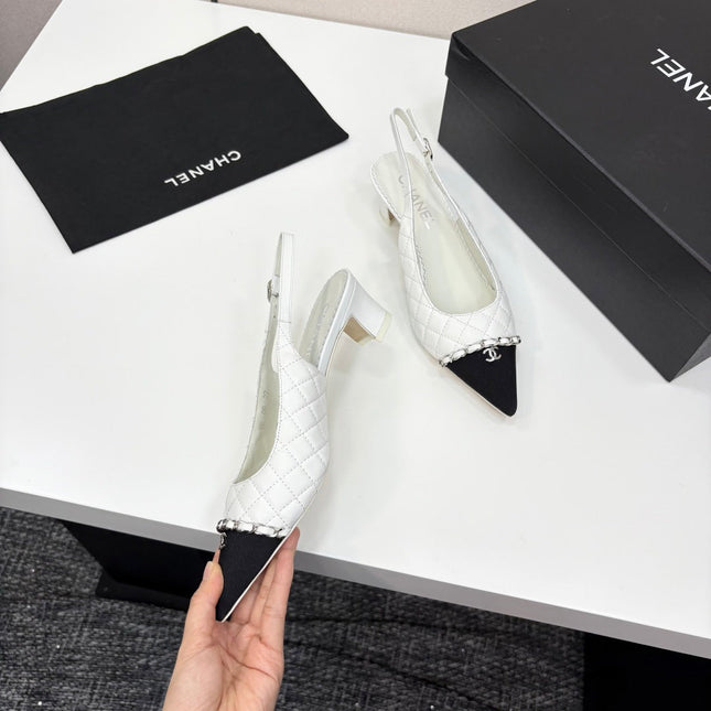 CC SLINGBACK 25S 30 MM IN WHITE LAMBSKIN MIX BLACK FABRIC