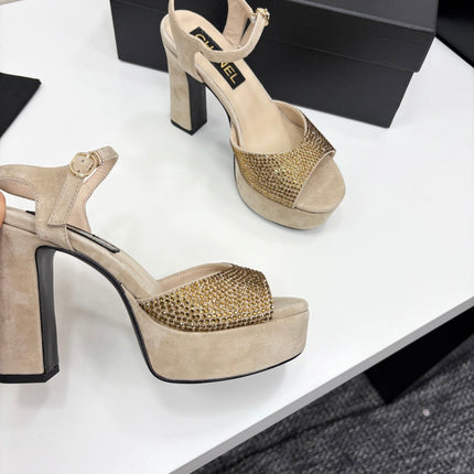 CC HEEL SANDAL 25S IN BEIGE SUEDE WITH CRYSTAL