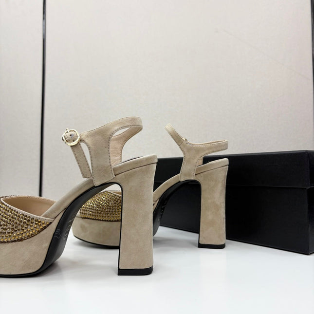 CC HEEL SANDAL 25S IN BEIGE SUEDE WITH CRYSTAL