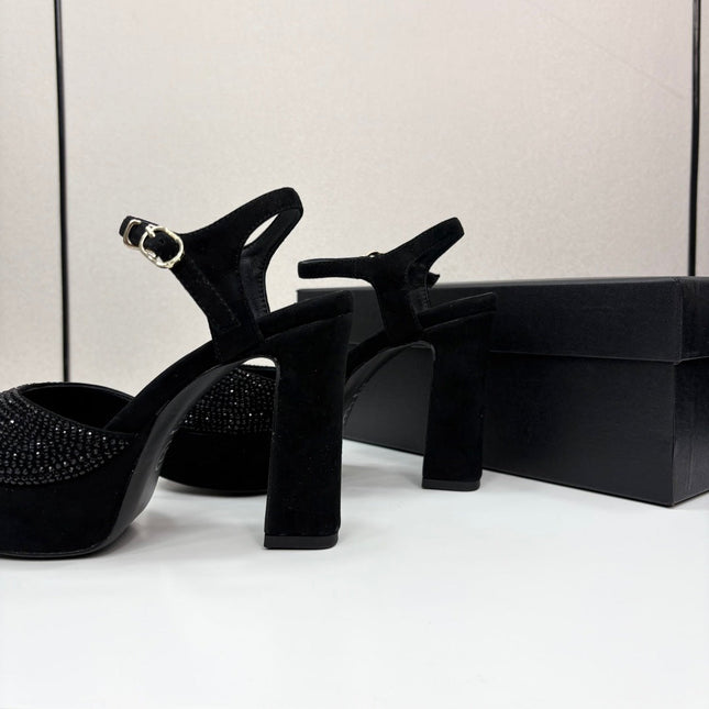 CC HEEL SANDAL 25S IN BLACK SUEDE WITH CRYSTAL