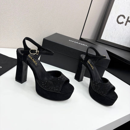 CC HEEL SANDAL 25S IN BLACK SUEDE WITH CRYSTAL