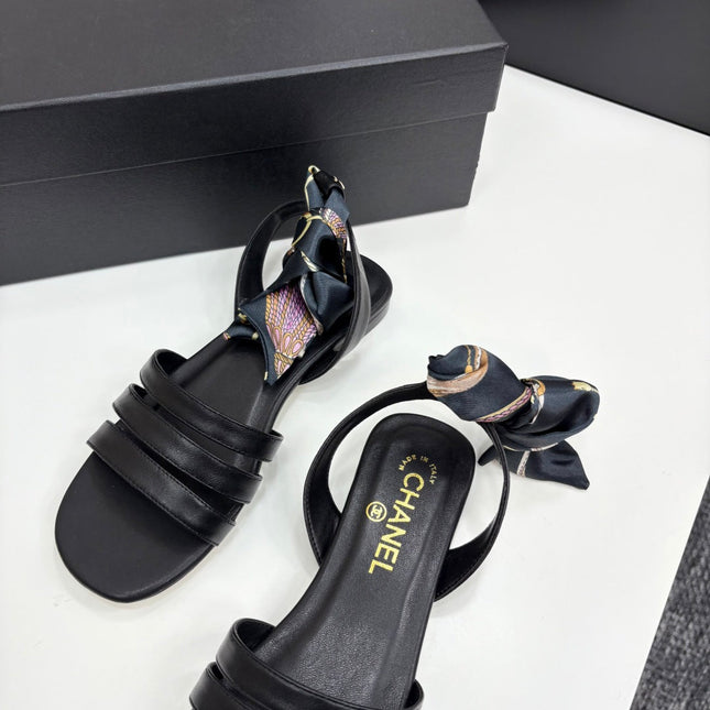 CC SANDAL 25S IN BLACK LAMBSKIN WITH SILK BOW