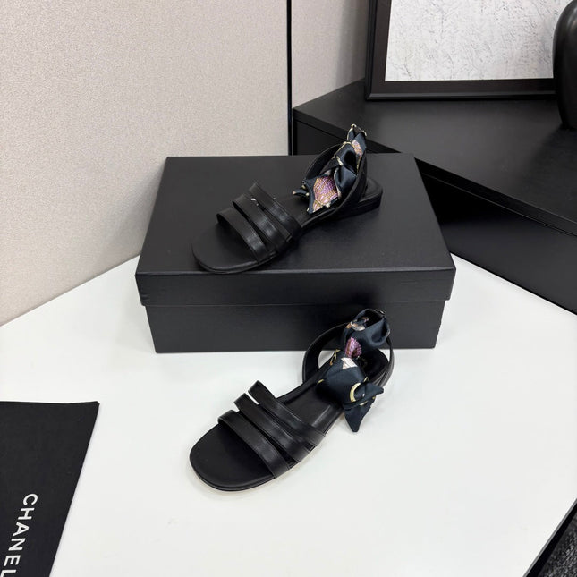 CC SANDAL 25S IN BLACK LAMBSKIN WITH SILK BOW