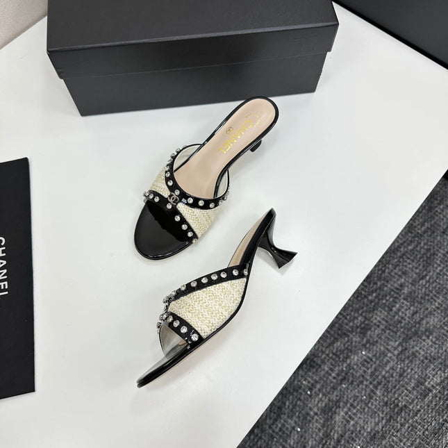 CC HIGH HEEL 25S 50 MM IN WHITE AND LIGHT BEIGE RAFFIA WITH CRYSTALS