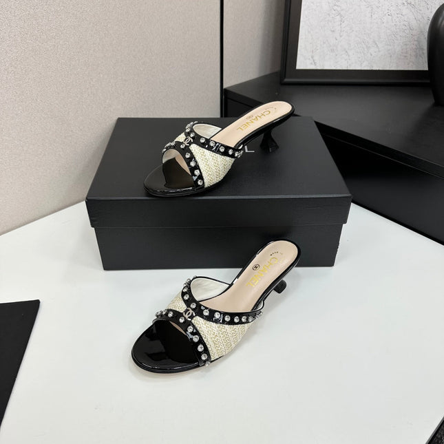 CC HIGH HEEL 25S 50 MM IN WHITE AND LIGHT BEIGE RAFFIA WITH CRYSTALS