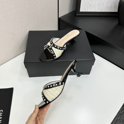 CC HIGH HEEL 25S 50 MM IN WHITE AND LIGHT BEIGE RAFFIA WITH CRYSTALS