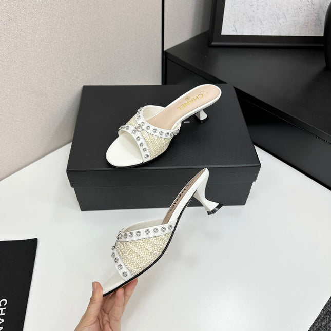 CC HIGH HEEL 25S 50 MM IN WHITE RAFFIA AND CALFSKIN WITH CRYSTALS