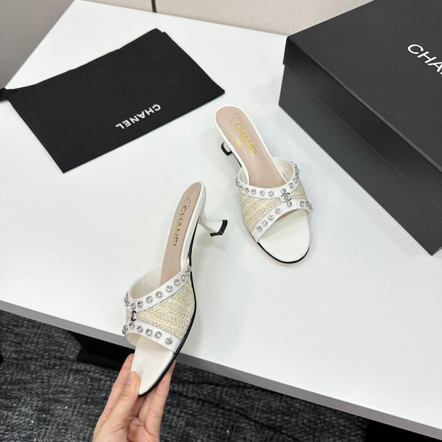 CC HIGH HEEL 25S 50 MM IN WHITE RAFFIA AND CALFSKIN WITH CRYSTALS