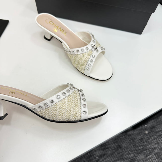 CC HIGH HEEL 25S 50 MM IN WHITE RAFFIA AND CALFSKIN WITH CRYSTALS