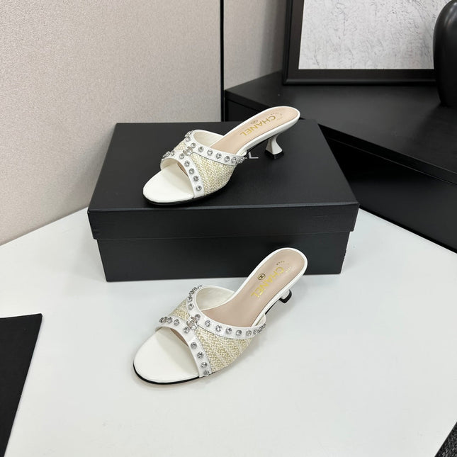 CC HIGH HEEL 25S 50 MM IN WHITE RAFFIA AND CALFSKIN WITH CRYSTALS