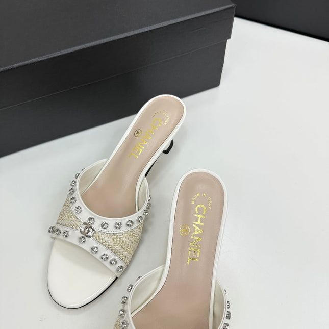 CC HIGH HEEL 25S 50 MM IN WHITE RAFFIA AND CALFSKIN WITH CRYSTALS